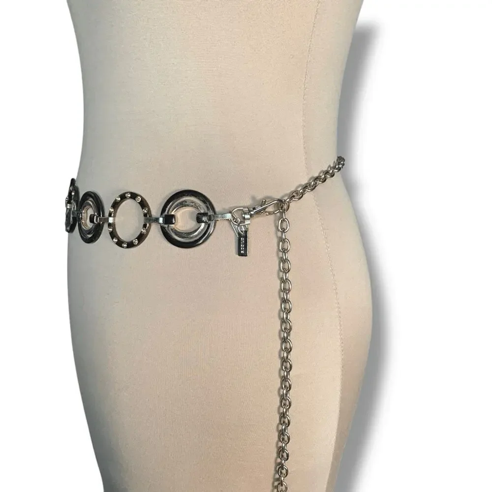 Chicos Black Gold Enamel Link Disc Chain Waist Belt Statement Accessory Boho‎